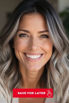 A hairstyle with dark black hair and frosty gray highlights. The highlights are blended throughout the hair, creating a sophisticated and modern look. Pale Olive Skin, Grey Highlights, Medium Brown Hair, Hair Gray