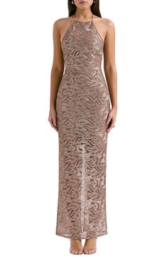 House Of Cb Dresses Long, House Of Cb Kara, House Of Cb Kara Dress, House Of Cb Rose Dress, Party-ready Bias Cut Halter Maxi Dress, Rose Gold Gown, Rose Gold Dress, House Of Cb, Halter Gown