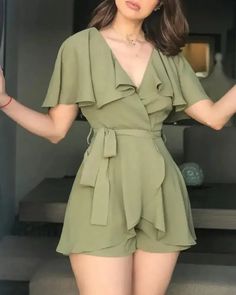 Lasaky - Frill Sleeve Tied Ruffle Hem Playsuit Chic Short Sleeve Jumpsuits And Rompers, Short Jumpsuit With Corset, Dress Shirt Romper, Luxury Chic Suspender Dress For Spring, Summer Jumpsuit Outfit, Green Outfits For Women, Playsuits Outfit, Stylish Short Dresses, Frill Sleeves