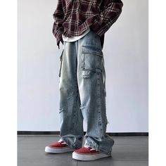 Hearujoy Men Ripped Holes Cargo jeans Fashion Burrs Vintage Blue Streetwear Casual Denim Pants Unisex Hip Hop Patchwork Jean Pants Styles Baggy, Tattered Jeans, Casual Denim Pants, High Street Fashion, Jeans Outfits, Jean Pants, Blue Streetwear, Patchwork Jeans, Streetwear Casual