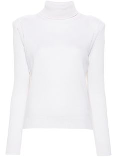 white cashmere ribbed knit roll neck shoulder pads long sleeves ribbed cuffs and hem embroidered logo to the front straight hem Cashmere Sweater White, White Cashmere Sweater, Cashmere Color, City Dress, Sweater White, Summer Beach Wear, Knitwear Cardigan, Roll Neck, Cashmere Sweater