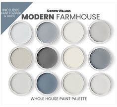 the modern farmhouse paint palette is shown in twelve colors, including blue and grays