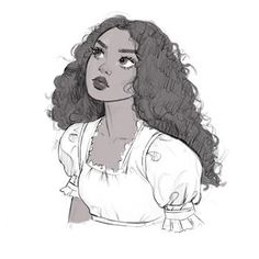 a black and white drawing of a woman with long curly hair wearing a blouse, looking to the side