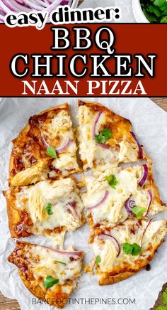 an easy dinner bbq chicken naan pizza on a white plate with red onions and cilantro