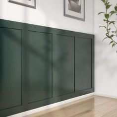 an empty room with green cabinets and pictures on the wall above it, next to a potted plant