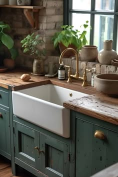 a kitchen with green cabinets and a white farmhouse sink in the center surrounded by potted plants