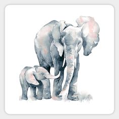 an elephant and her baby are shown in this watercolor painting on white paper with pink accents