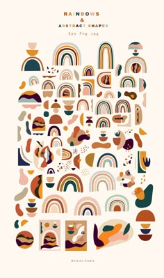 an abstract poster with many different shapes and colors on it's side, including the words rainbows