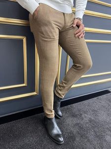 Beige Slim Fit Trousers, Brown Slim Fit Tapered Leg Pants, Brown Slim Fit Pants With Welt Pockets, Brown Slim Fit Straight Pants, Fitted Brown Chinos With Pockets, Brown Fitted Ankle-length Pants, Fitted Brown Ankle-length Pants, Fitted Brown Chinos With Tapered Leg, Fitted Brown Tapered Leg Chinos