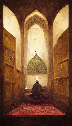 a painting of a person sitting on a rug in a room with wooden doors and windows