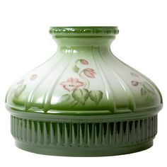 a green vase with flowers painted on it's sides and an ornate design around the top