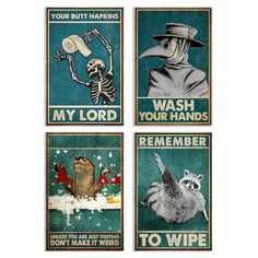 four posters with different types of items on them