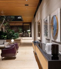 a living room filled with lots of furniture next to a wall mounted planter and potted plants