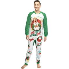 The Elf is a classic Christmas comedy film about one of Santa's elves who learns his true identity as a human. He goes to New York to meet his Biological father. This zippered raglan-style footless sleeper features an all-over print of Santas, reindeer, snowflakes and Buddy silhouettes, along with a large picture graphic of an excited buddy and the words OMG! Santa! I Know Him! The sleeves and back of pajamas are a contrasting green and match Buddy's Elf Suit color. Buddy the Elf is one of the b Omg Santa I Know Him, Elf The Movie, Elf Suit, Santa I Know Him, Elf Pajamas, Pajama Outfit, Union Suit, One Piece Clothing, Mens Pajamas Set