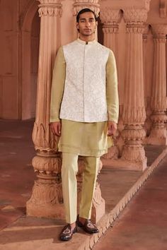 Ivory bundi with bead embellishment in floral pattern. Paired with gold kurta and pant. - Aza Fashions Kurta Set Men, Radhika Madan, Genelia D'souza, Rhea Kapoor, Mira Rajput, Dia Mirza, Sanya Malhotra, Kurta Set For Men, Anamika Khanna