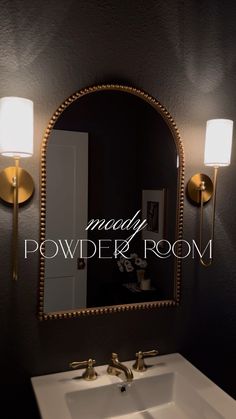 a bathroom sink under a mirror with the words madly powder room above it