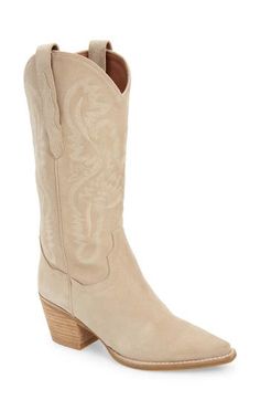 Ornate stitching furthers the rugged Western style of this iconic boot balanced by a slender toe and stacked block heel. 2 1/2" heel (size 8.5) 12 1/2" shaft; 14 1/2" calf circumference Pull-on style Leather upper and lining/synthetic sole Imported Cowboy Boots And Jeans Outfit, Knee High Cowboy Boots, Tan Suede Boots, Suede Cowboy Boots, Western Boots Women, Suede Boots Knee High, Cowboy Boots Women, Western Boot, Shoe Obsession