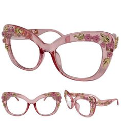 a Click images to enlarge Description BRAND:  SPEXX Eyewear CONDITION:  Brand New with Tags FRAME COLOR:  Pink Frame with Floral Design FLORAL COLOR:  Gold & Pink FRAME SHAPE:  Cat Eye FRAME TYPE:  Full Rim  FRAME MATERIAL:  Precision Crafted High Quality Thick Plastic Frame FRAME EFFECT:  Oversized / Exaggerated FRAME FEATURES:  Sturdy & Durable LENS COLOR:  Clear RX-CAPABLE:  Yes PROTECTION:  UV-400 (100% UV Protection) HINGE TYPE:  Regular QUALITY:  Premium Optical Quality CASE TYPE:  Comes w Floral Glasses Frames, Butterfly Frame Glasses, Fun Glasses Frames, Colorful Glasses Frames, Big Glasses Frames, Pink Glasses Frames, Statement Glasses, Thick Glasses, Big Glasses