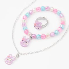 Claire's Club Easter Bunny Jewelry Set - 3 Pack, Purple Playful Multicolor Jewelry For Mother's Day, Spring Party Multicolor Jewelry, Cute Multicolor Spring Jewelry, Trendy Spring Gift Jewelry, Trendy Spring Jewelry Gift, Trendy Spring Jewelry As Gift, Cute Silver Spring Jewelry, Easter Bunny Design Jewelry Gift, Cute Silver Jewelry For Spring