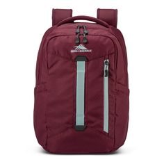 the back pack is red and has two zippers on one side, and an external compartment