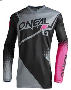 the oneal jersey is shown with pink and grey details on its chest, as well as