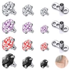 the different types of piercings are shown in various colors and shapes, including pink, purple