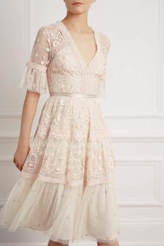 Midsummer Lace Dress Spring Tulle Dress With Delicate Lace, Feminine Floral Embroidered Lace Wedding Dress, Feminine Floral Embroidery Lace Wedding Dress, Lace Embroidered Midi Dress For Wedding, Tulle Lace Dress For Summer Garden Party, Summer Tulle Lace Dress For Garden Party, Wedding Lace Embroidered Midi Dress, Feminine Embroidered Summer Wedding Dress, Feminine Summer Wedding Embroidered Dress