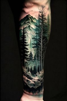 a man's leg with trees and mountains on it