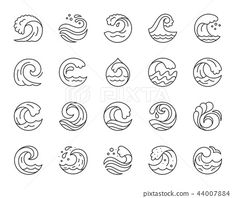 different types of waves in the ocean line art style icons set on white background illustration