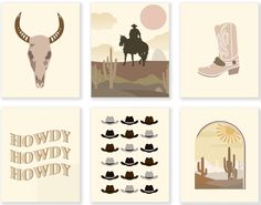 six cowboy themed cards with the words, howdy hoeyy hoydy