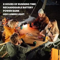 four people sitting around a table with flashlights on it and the text 8 hours of running time rechargeable battery power bank 400 lumen light