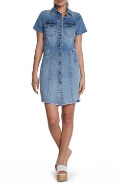 This casual-cool jean dress is designed with abbreviated sleeves and a feathery frayed hem. 35 1/2" front length; 36 1/2" back length Front button closure Spread collar Short sleeves 96% cotton, 3% polyester, 1% spandex Machine wash, tumble dry Imported Trendy Fitted Denim Dress With Frayed Hem, Spring Denim Dress With Frayed Hem, Denim Dress With Frayed Hem For Spring, Fitted Denim Dress With Frayed Hem, Casual Denim Dress With Frayed Hem And Short Sleeves, Denim Dress With Frayed Hem And Short Sleeves, Trendy Denim Dress With Frayed Hem, Medium Wash Denim Dress With Frayed Hem, Cotton Denim Dress With Frayed Hem And Short Sleeves