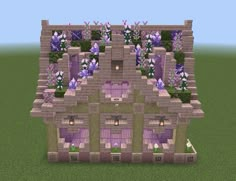 a small house with purple flowers on the roof and windows, in a minecraft style