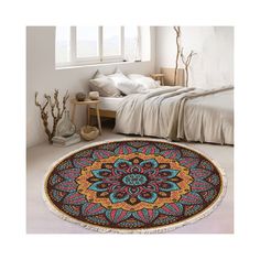 a bedroom with a large round rug on the floor