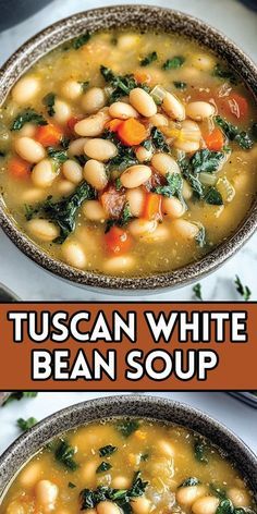 🍲 Tuscan White Bean Soup is a must-try dish that’s perfect for cozy nights or healthy meal prepping! This hearty and flavorful Italian soup is packed with protein-rich white beans, fresh vegetables, and aromatic herbs like rosemary and thyme.   👉 Pin this recipe now to save for later! 📌 Try making this easy, comforting soup and impress your family with its rich, savory taste.   #HealthyEating #EasyRecipes #TuscanSoup #VegetarianRecipes #MealPrep Beans And Greens Soup With Sausage, Bean Kale Soup Recipes, Beef And White Bean Soup, White Bean Ditalini Soup, Bacon White Bean Soup, Meals With White Beans, Tuscan Bean And Kale Soup, Creamy White Bean Soup With Kale, White Stew Recipes