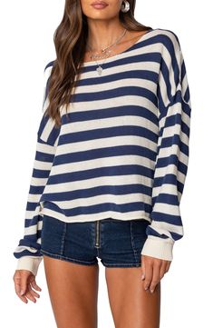 Lightweight  and relaxed, this sweater ringed in bold stripes sports a dramatically oversized fit that slouches like an old favorite. Boat neck Long sleeves with ribbed cuffs 90% cotton, 10% polyester Machine wash, dry flat Imported Casual Blue Sweater With Contrast Stripes, Casual Oversized Top With Striped Cuffs, Oversized Striped Cotton Sweater, Casual Sweater With Contrast Stripes And Relaxed Fit, Casual Oversized Sweater With Striped Sleeves, Blue Oversized Top With Contrast Stripes, Striped Knitwear, Winter Knit Sweater, Women Sweaters