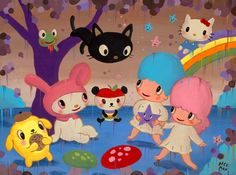 an image of children playing in the rain with cats and other cartoon characters around them