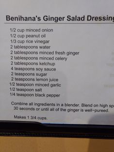 a menu listing the ingredients for a ginger salad dressing