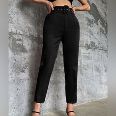 Never Worn, Perfect Condition, Work Pants. Tapered Ankle, Belt Is Removable. High Waist Black Belted Bottoms, Black Belted Bottoms For Office, Fitted Black Belted Bottoms, Black Belted Trousers, Black Belted Pants For Office, Black Belted High-waisted Pants, Black Straight Leg Belted Pants, Black Belted Pants For Fall, Black Belted Straight Pants