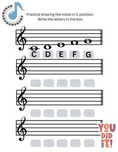 practice drawing the notes in c position write the letters in the box for each letter