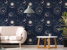 Athena Beige Sofa with White Coffee Table and Large Green Plant Constellations Wallpaper, Sky Of Stars, Celestial Wallpaper, Kids Bedroom Wallpaper, Stars And Constellations, Mykonos Blue, Wallpaper Textured, Dining Room Wallpaper, Classic Wallpaper