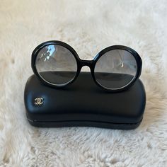 Very Cool And Classic Chanel Sunglasses, Worn Once Only, With Slight Make Up Mark At The Top, See Pics, Comes With The Case Formal Round Sunglasses With Tinted Lenses, Elegant Sunglasses With Uv Protection And Round Frame, Designer Clear Sunglasses For Formal Occasions, Elegant Round Frame Sunglasses With Uv Protection, Elegant Round Frame Formal Sunglasses, Elegant Formal Round Frame Sunglasses, Elegant Formal Sunglasses With Glass Lenses, Elegant Clear Sunglasses For Evening Wear, Elegant Clear Sunglasses For Evening