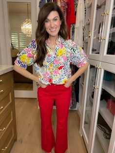 Bring a pop of color and a little whimsy to your closet with the Best and Brightest Floral Top. This easy-fit top showcases a playful floral print, collared neckline, and puffed sleeves. Pair it with your colored denim (or traditional blue denim) for a fun and versatile look. Perfect for teachers and office gals, this every day top is sure to help you stand out from the crowd. Top measures 24" in length. Bust measures 22" from underarm seam to seam. Measurements taken on a small. Fabric has no s Deodorant Stains, Scarf Hat, Scarf Jewelry, Puffed Sleeves, Colored Denim, Floral Top, Hat Hairstyles, Workout Tops, Sales Gifts