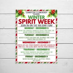 a poster with the words winter spirit week written in red, green and white stripes