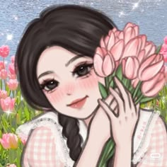 a drawing of a girl holding flowers in front of her face and looking at the camera