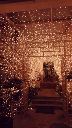 an entrance to a building covered in christmas lights