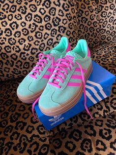 Adidas Gazelle Bold Trainers Platform Green Pink Platform Adidas Gazelle Outfit, Pink And Green Adidas Gazelle Outfit, Pink And Green Gazelle Adidas Outfit, Gazelle Bold Shoes, Gazelle Bold, Pink Platform Gazelle