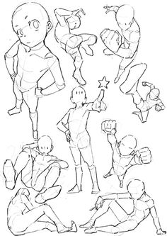 some sketches of people doing different poses for the character's face and body,