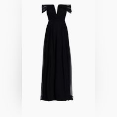 Pamella Roland Pleated Chiffon Off-The-Shoulder Gown Luxury Black Evening Dress With Sheer Bodice, Formal Off-shoulder Chiffon Evening Dress, Formal Black Silk Chiffon Maxi Dress, Black Silk Chiffon Maxi Evening Dress, Formal Off-shoulder Chiffon Dress, Elegant Off-shoulder Chiffon Dress, Chic Black Silk Chiffon Maxi Dress, Off-shoulder Evening Dress With Sheer Sleeves, Black Silk Chiffon Evening Dress For Formal Occasions