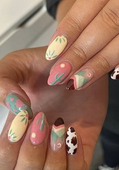 Pastel Western_ Pink Boho Nail Designs, Arizona Inspired Nails, Cowboy Nails Design Cowgirl, Retro Inspired Nails, Fun Western Nails, Cow Inspired Nails, Academia Aesthetic Nails, Stagecoach Nail Ideas, Spring Boho Nails